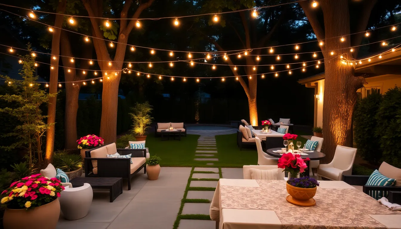 a cozy backyard space for entertaining with soft lighting and comfortable seating.